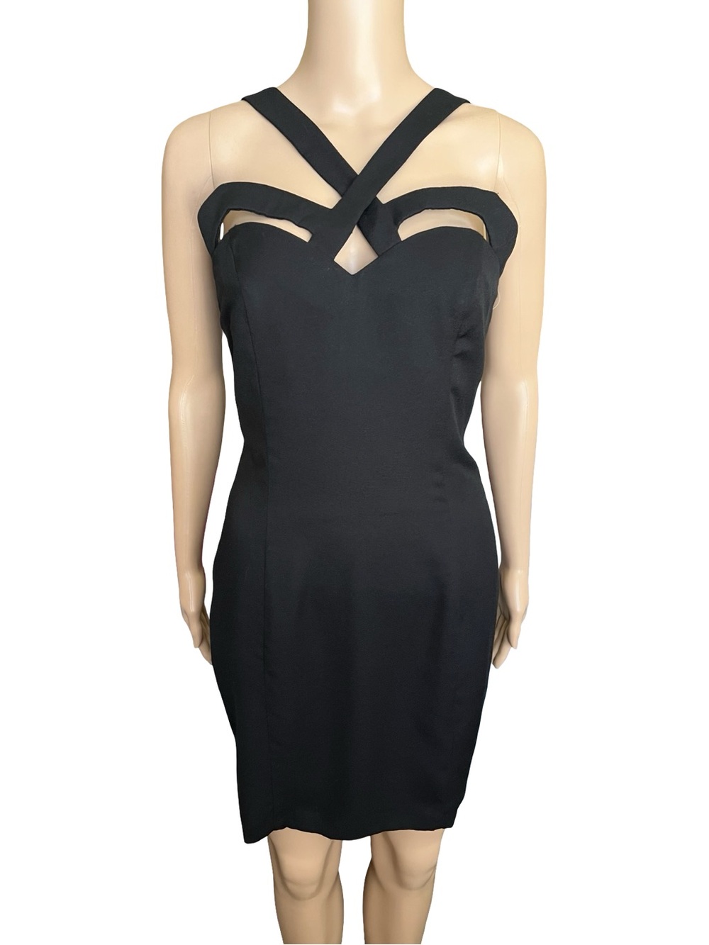 Vintage 1990s Indecent Proposal Black Rayon Geometric Cage Cut Out Dress s m